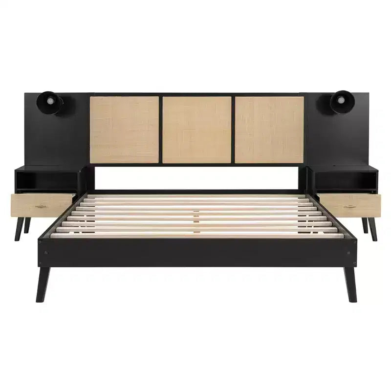 Lit Plateforme en Bois Taille Grand Lit Luxystar avec 2 Tables de Chevet, 2 Lampes et Tête de Lit en Rotin, Noir