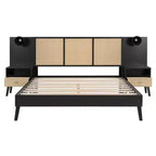 Lit Plateforme en Bois Taille Grand Lit Luxystar avec 2 Tables de Chevet, 2 Lampes et Tête de Lit en Rotin, Noir
