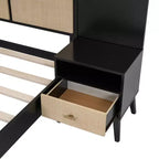 Lit Plateforme en Bois Taille Grand Lit Luxystar avec 2 Tables de Chevet, 2 Lampes et Tête de Lit en Rotin, Noir