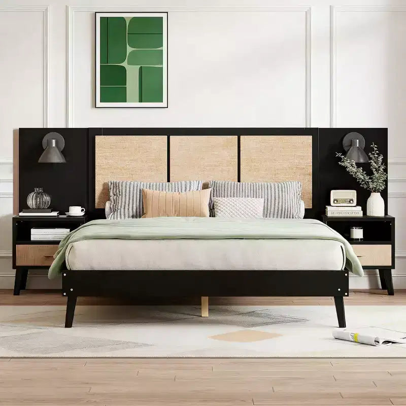 Lit Plateforme en Bois Taille Grand Lit Luxystar avec 2 Tables de Chevet, 2 Lampes et Tête de Lit en Rotin, Noir