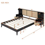 Lit Plateforme en Bois Taille Grand Lit Luxystar avec 2 Tables de Chevet, 2 Lampes et Tête de Lit en Rotin, Noir