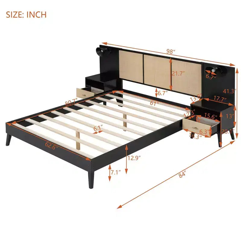 Lit Plateforme en Bois Taille Grand Lit Luxystar avec 2 Tables de Chevet, 2 Lampes et Tête de Lit en Rotin, Noir