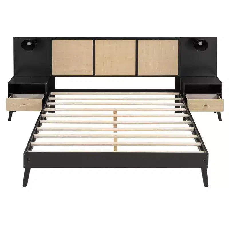Lit Plateforme en Bois Taille Grand Lit Luxystar avec 2 Tables de Chevet, 2 Lampes et Tête de Lit en Rotin, Noir