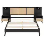 Lit Plateforme en Bois Taille Grand Lit Luxystar avec 2 Tables de Chevet, 2 Lampes et Tête de Lit en Rotin, Noir