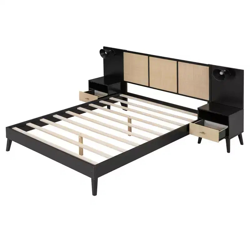 Lit Plateforme en Bois Taille Grand Lit Luxystar avec 2 Tables de Chevet, 2 Lampes et Tête de Lit en Rotin, Noir