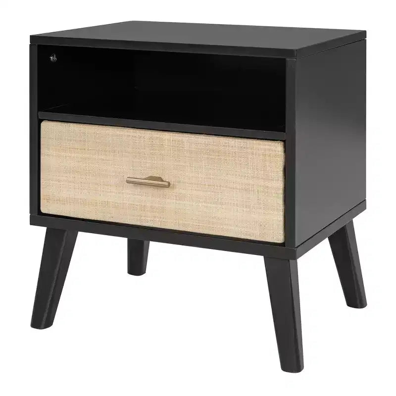 Lit Plateforme en Bois Taille Grand Lit Luxystar avec 2 Tables de Chevet, 2 Lampes et Tête de Lit en Rotin, Noir