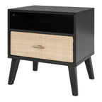 Lit Plateforme en Bois Taille Grand Lit Luxystar avec 2 Tables de Chevet, 2 Lampes et Tête de Lit en Rotin, Noir