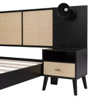 Lit Plateforme en Bois Taille Grand Lit Luxystar avec 2 Tables de Chevet, 2 Lampes et Tête de Lit en Rotin, Noir