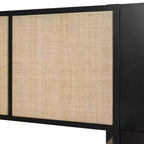 Lit Plateforme en Bois Taille Grand Lit Luxystar avec 2 Tables de Chevet, 2 Lampes et Tête de Lit en Rotin, Noir