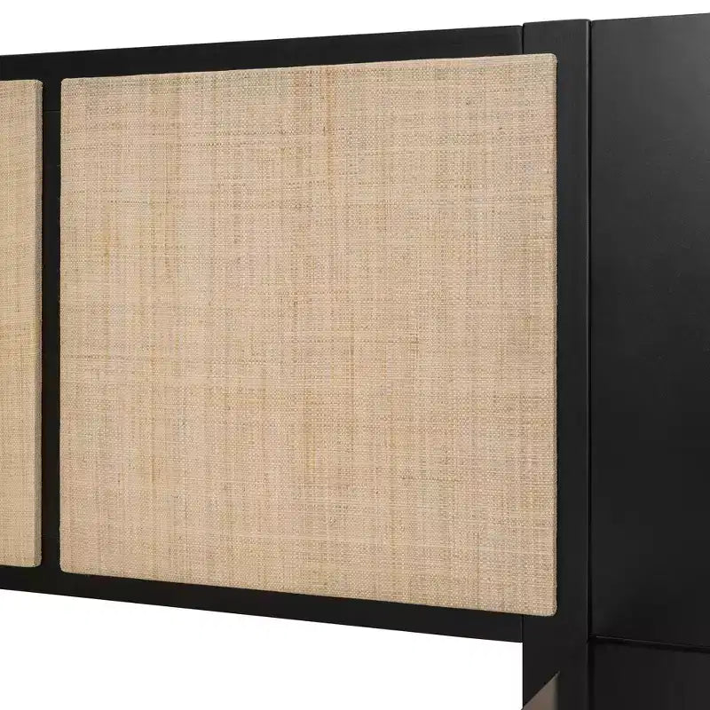 Lit Plateforme en Bois Taille Grand Lit Luxystar avec 2 Tables de Chevet, 2 Lampes et Tête de Lit en Rotin, Noir