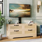 Meuble TV en rotin avec support - Commode à 4 tiroirs - Meuble TV pour téléviseurs jusqu'à 70 pouces, console multimédia rustique en bois pour salon et chambre