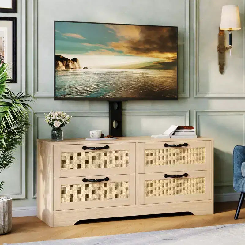 Meuble TV en rotin avec support - Commode à 4 tiroirs - Meuble TV pour téléviseurs jusqu'à 70 pouces, console multimédia rustique en bois pour salon et chambre
