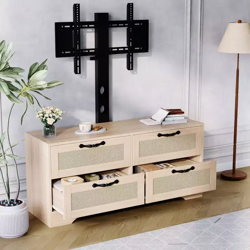 Meuble TV en rotin avec support - Commode à 4 tiroirs - Meuble TV pour téléviseurs jusqu'à 70 pouces, console multimédia rustique en bois pour salon et chambre