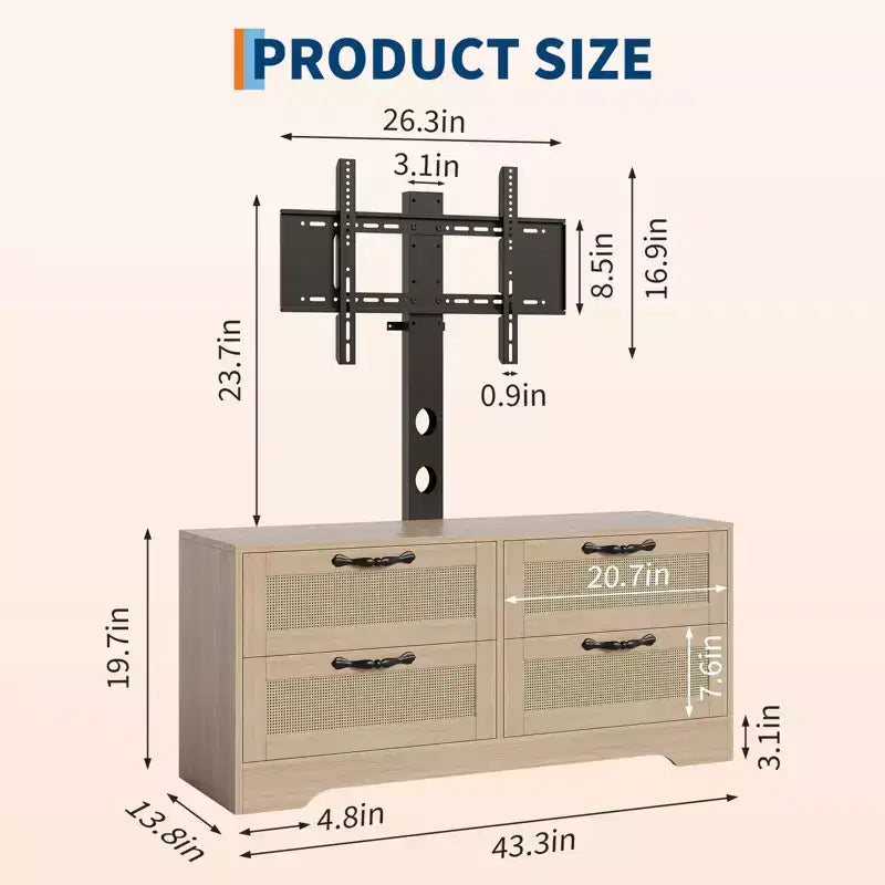 Meuble TV en rotin avec support - Commode à 4 tiroirs - Meuble TV pour téléviseurs jusqu'à 70 pouces, console multimédia rustique en bois pour salon et chambre