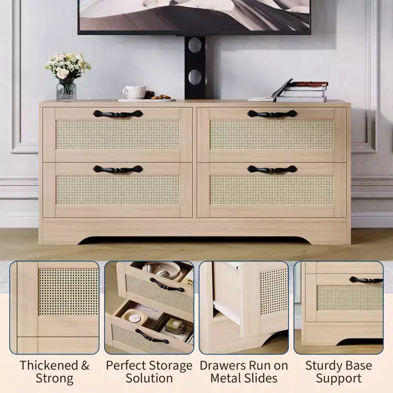 Meuble TV en rotin avec support - Commode à 4 tiroirs - Meuble TV pour téléviseurs jusqu'à 70 pouces, console multimédia rustique en bois pour salon et chambre