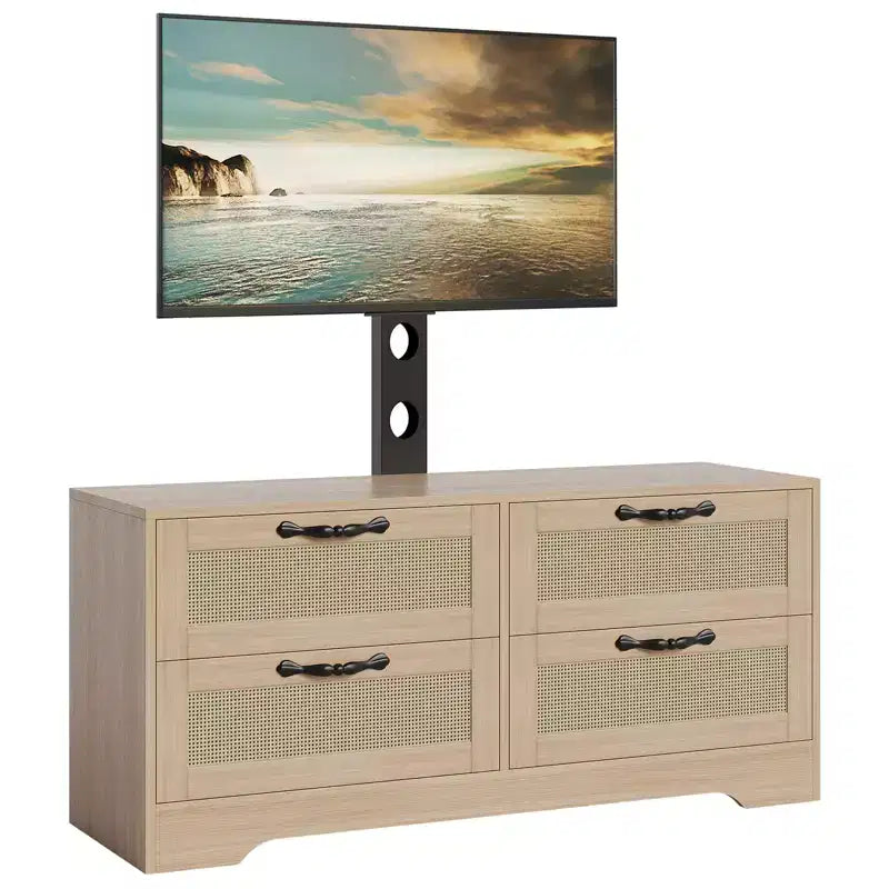 Meuble TV en rotin avec support - Commode à 4 tiroirs - Meuble TV pour téléviseurs jusqu'à 70 pouces, console multimédia rustique en bois pour salon et chambre