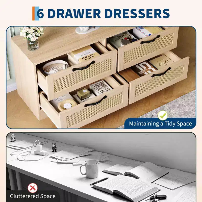 Meuble TV en rotin avec support - Commode à 4 tiroirs - Meuble TV pour téléviseurs jusqu'à 70 pouces, console multimédia rustique en bois pour salon et chambre