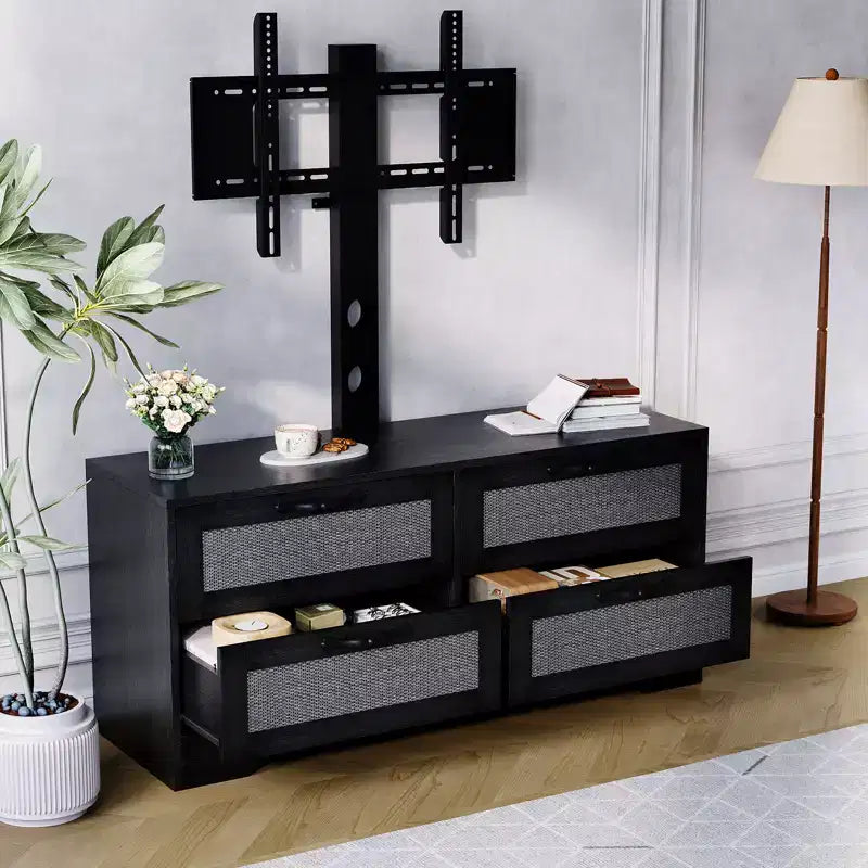 Meuble TV en rotin avec support - Commode à 4 tiroirs - Meuble TV pour téléviseurs jusqu'à 70 pouces, console multimédia rustique en bois pour salon et chambre
