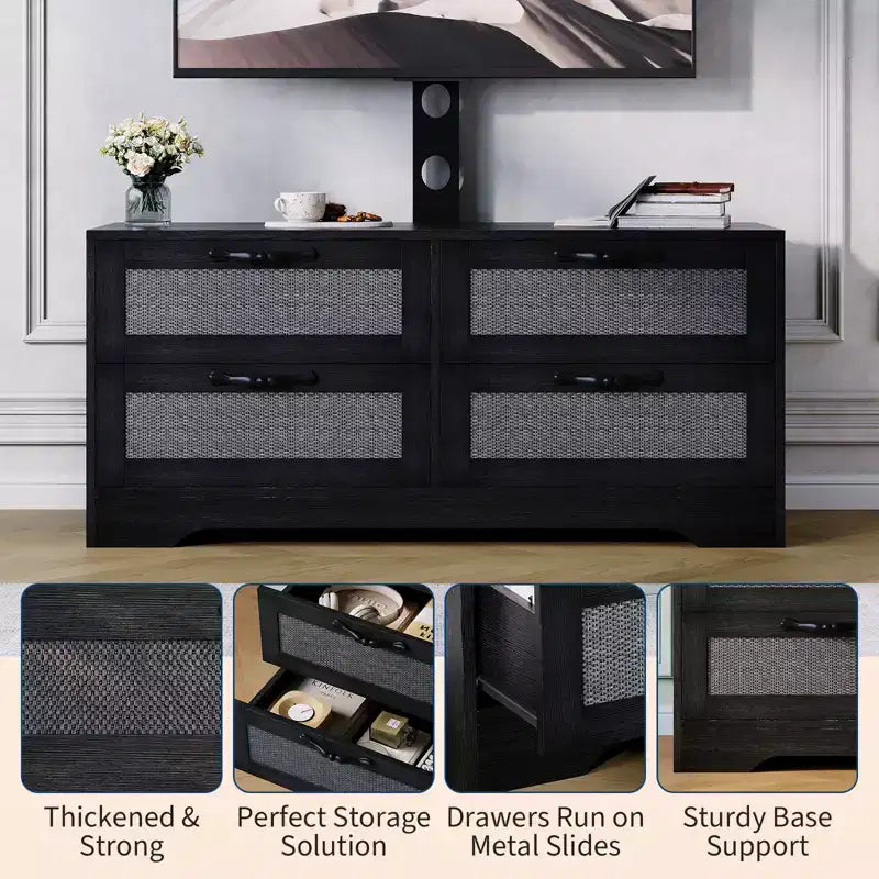 Meuble TV en rotin avec support - Commode à 4 tiroirs - Meuble TV pour téléviseurs jusqu'à 70 pouces, console multimédia rustique en bois pour salon et chambre
