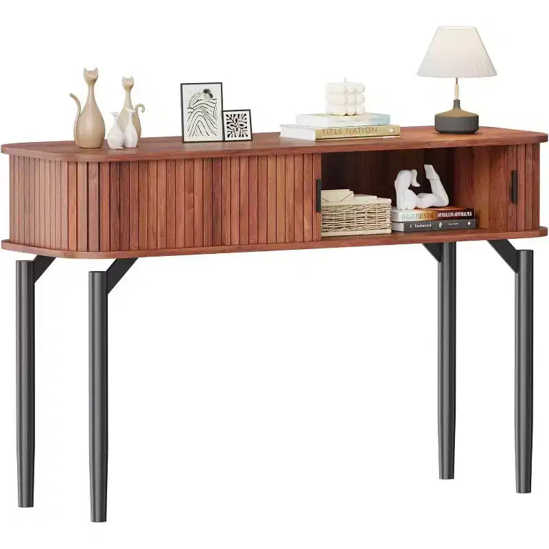 COZONY Console cannelée avec rangement, Table de canapé en bois avec porte coulissante pour salon, couloir
