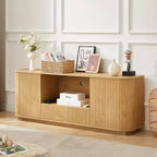 JVNOXK Meuble TV vague de 162 cm, Buffet à coins arrondis, Meuble de rangement, Meuble en bois à rayures verticales, Finition naturelle, pour salle à manger et salon