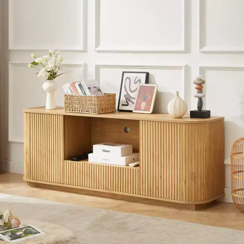 JVNOXK Meuble TV vague de 162 cm, Buffet à coins arrondis, Meuble de rangement, Meuble en bois à rayures verticales, Finition naturelle, pour salle à manger et salon