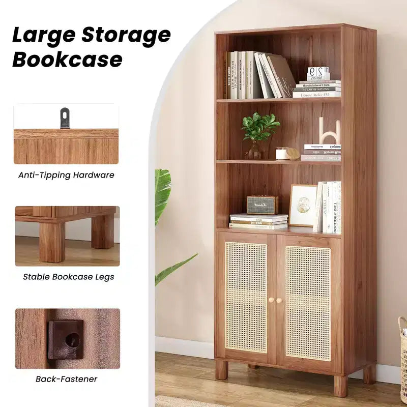 TUYOHW Grande bibliothèque avec portes en rotin, meuble de rangement autoportant à 5 étagères, étagère pour salon, chambre, bureau à domicile