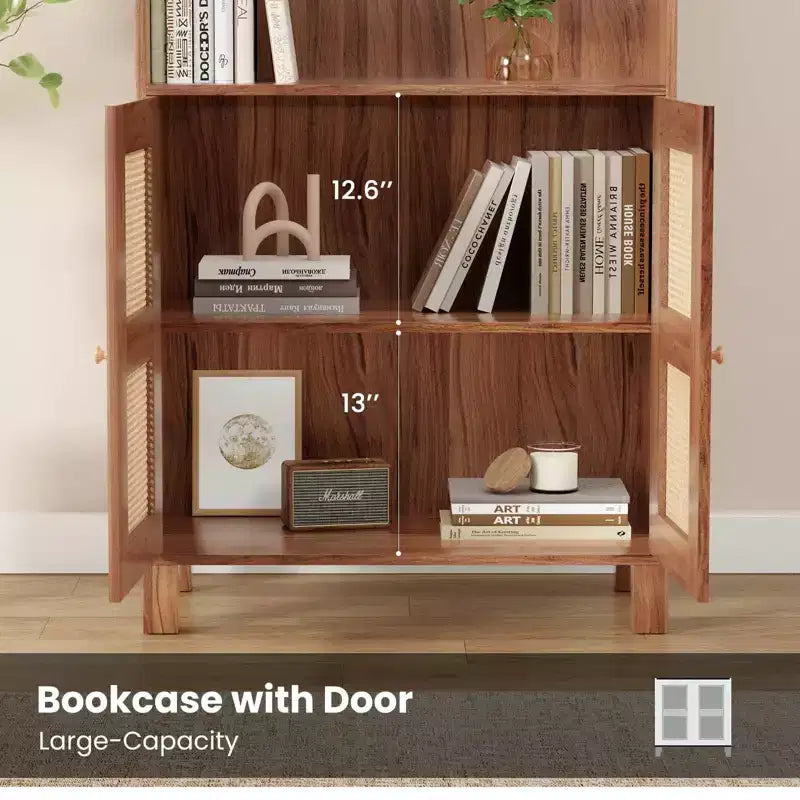 TUYOHW Grande bibliothèque avec portes en rotin, meuble de rangement autoportant à 5 étagères, étagère pour salon, chambre, bureau à domicile