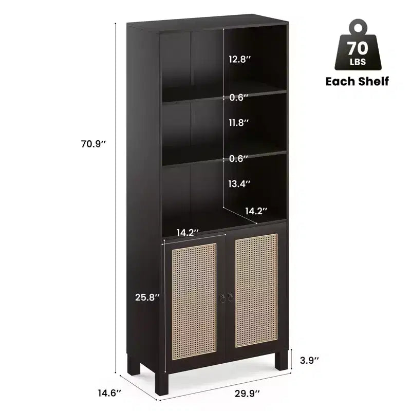 TUYOHW Grande bibliothèque avec portes en rotin, meuble de rangement autoportant à 5 étagères, étagère pour salon, chambre, bureau à domicile