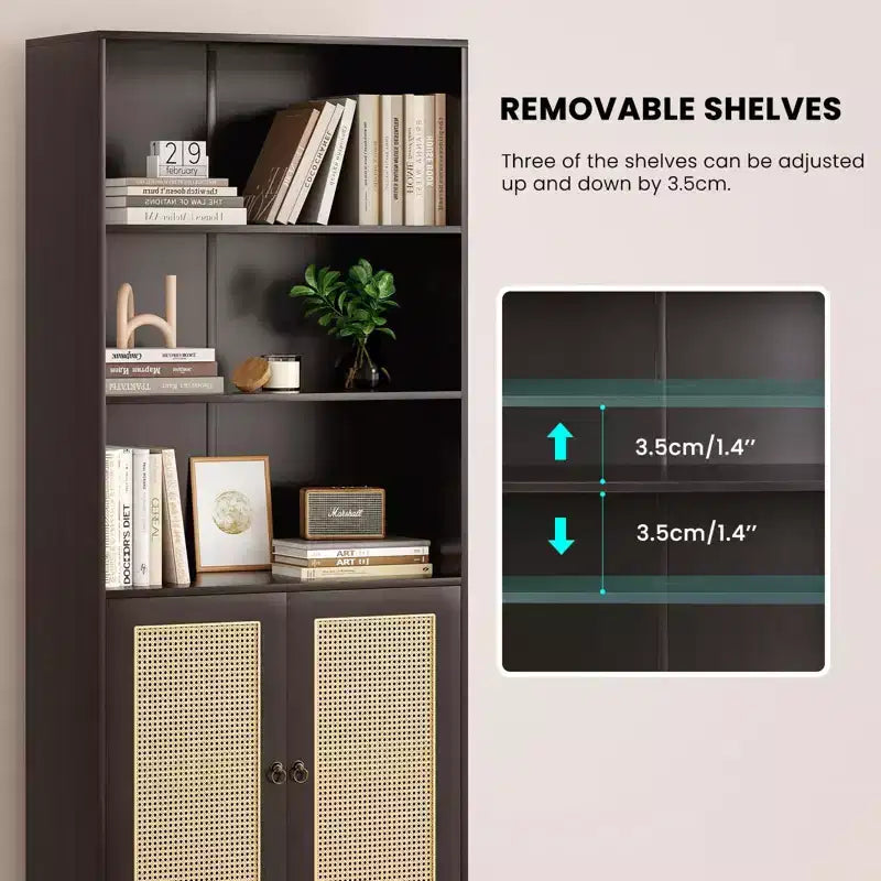 TUYOHW Grande bibliothèque avec portes en rotin, meuble de rangement autoportant à 5 étagères, étagère pour salon, chambre, bureau à domicile
