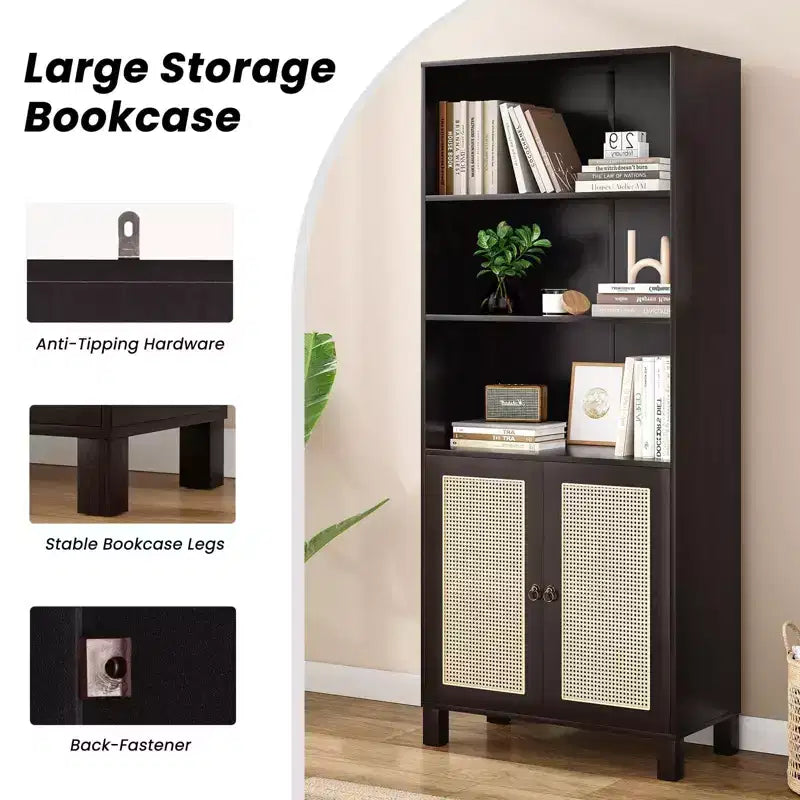 TUYOHW Grande bibliothèque avec portes en rotin, meuble de rangement autoportant à 5 étagères, étagère pour salon, chambre, bureau à domicile