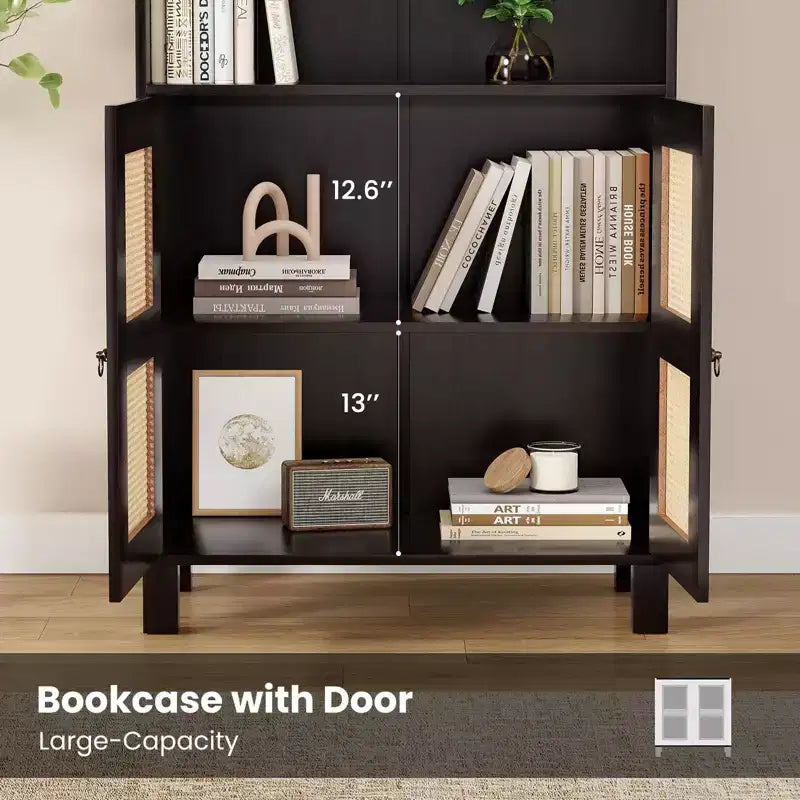 TUYOHW Grande bibliothèque avec portes en rotin, meuble de rangement autoportant à 5 étagères, étagère pour salon, chambre, bureau à domicile