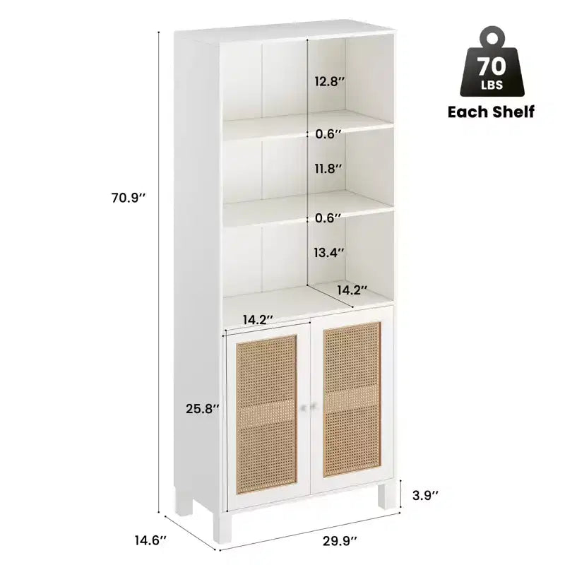 TUYOHW Grande bibliothèque avec portes en rotin, meuble de rangement autoportant à 5 étagères, étagère pour salon, chambre, bureau à domicile