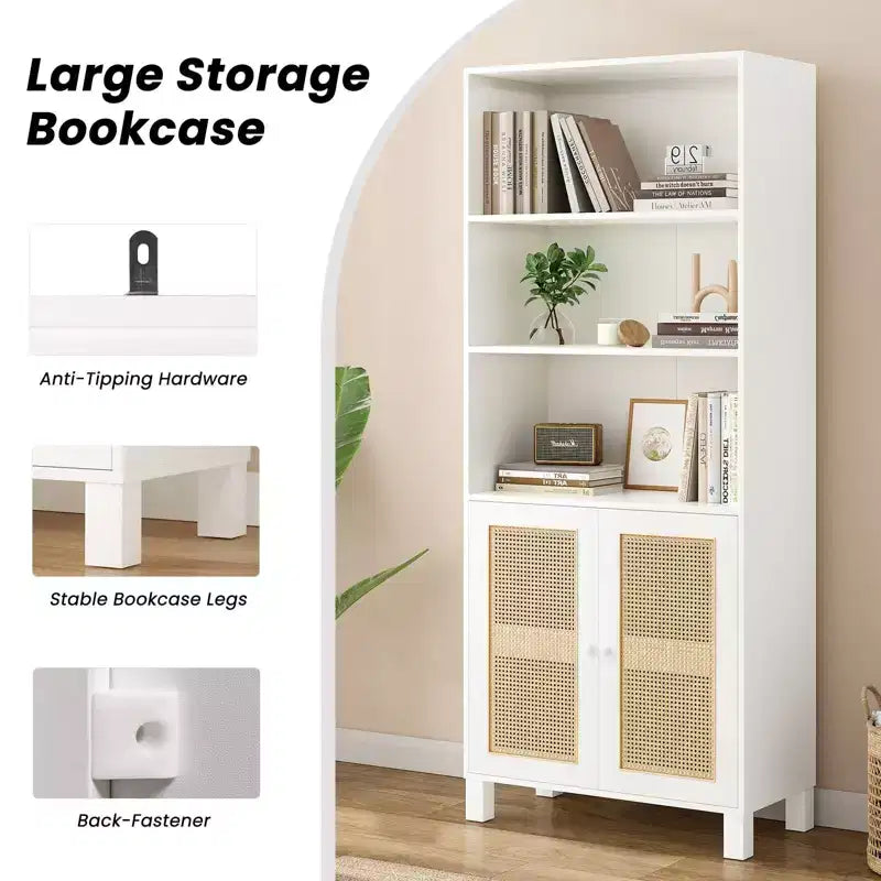 TUYOHW Grande bibliothèque avec portes en rotin, meuble de rangement autoportant à 5 étagères, étagère pour salon, chambre, bureau à domicile
