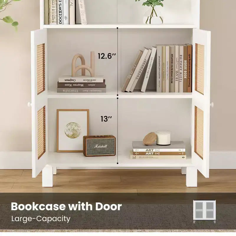 TUYOHW Grande bibliothèque avec portes en rotin, meuble de rangement autoportant à 5 étagères, étagère pour salon, chambre, bureau à domicile