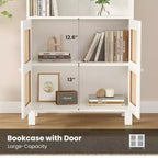 TUYOHW Grande bibliothèque avec portes en rotin, meuble de rangement autoportant à 5 étagères, étagère pour salon, chambre, bureau à domicile