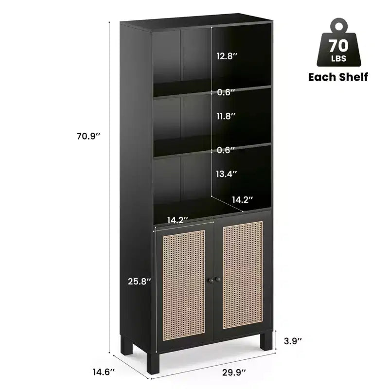 TUYOHW Grande bibliothèque avec portes en rotin, meuble de rangement autoportant à 5 étagères, étagère pour salon, chambre, bureau à domicile