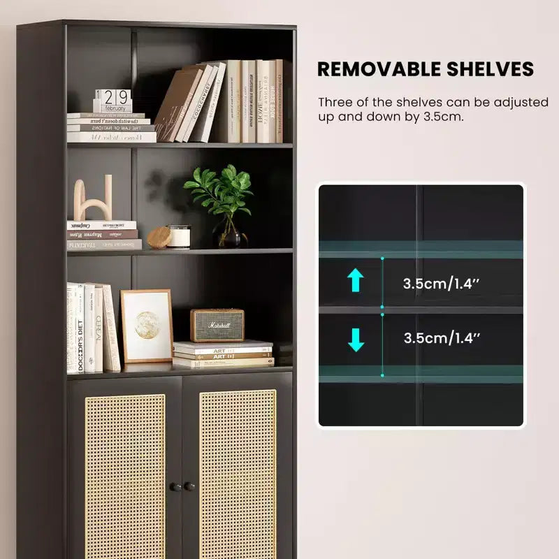 TUYOHW Grande bibliothèque avec portes en rotin, meuble de rangement autoportant à 5 étagères, étagère pour salon, chambre, bureau à domicile