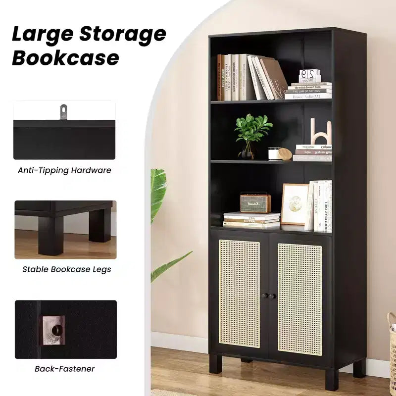 TUYOHW Grande bibliothèque avec portes en rotin, meuble de rangement autoportant à 5 étagères, étagère pour salon, chambre, bureau à domicile