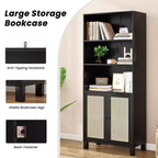 TUYOHW Grande bibliothèque avec portes en rotin, meuble de rangement autoportant à 5 étagères, étagère pour salon, chambre, bureau à domicile
