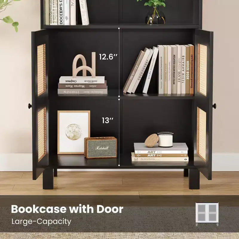 TUYOHW Grande bibliothèque avec portes en rotin, meuble de rangement autoportant à 5 étagères, étagère pour salon, chambre, bureau à domicile