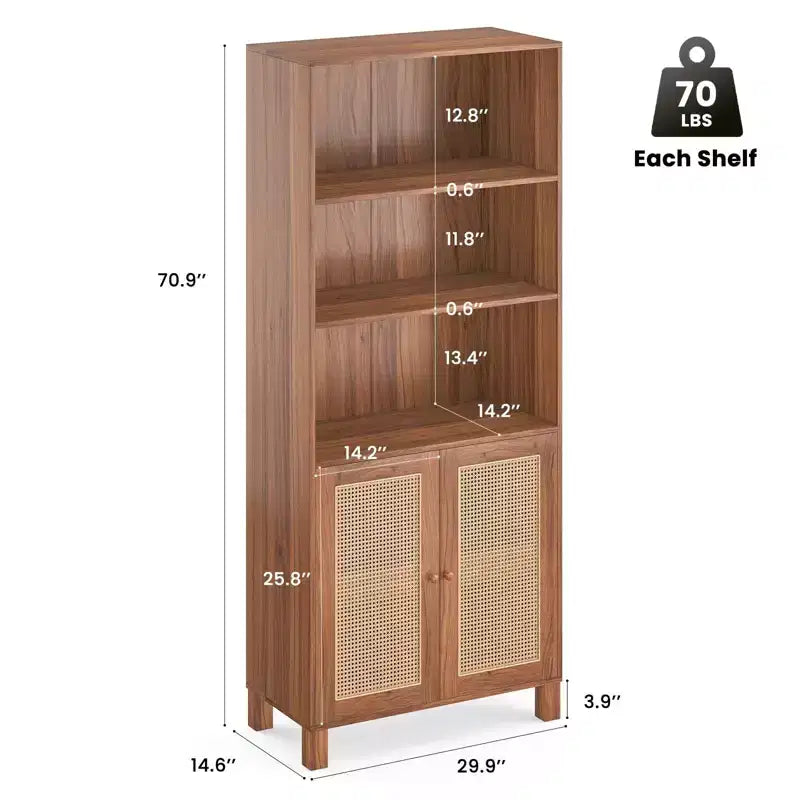 TUYOHW Grande bibliothèque avec portes en rotin, meuble de rangement autoportant à 5 étagères, étagère pour salon, chambre, bureau à domicile