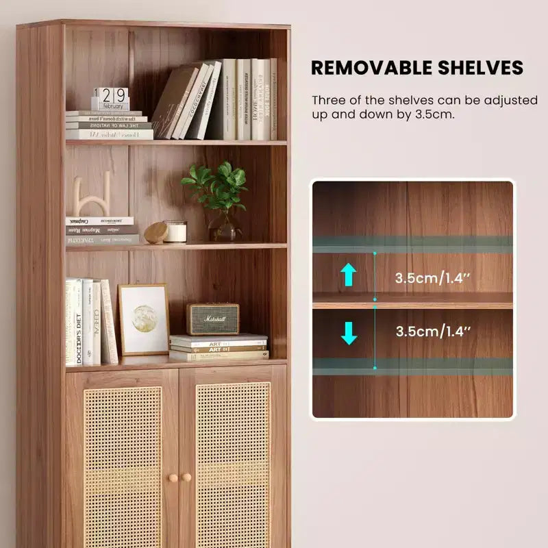 TUYOHW Grande bibliothèque avec portes en rotin, meuble de rangement autoportant à 5 étagères, étagère pour salon, chambre, bureau à domicile