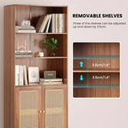 TUYOHW Grande bibliothèque avec portes en rotin, meuble de rangement autoportant à 5 étagères, étagère pour salon, chambre, bureau à domicile