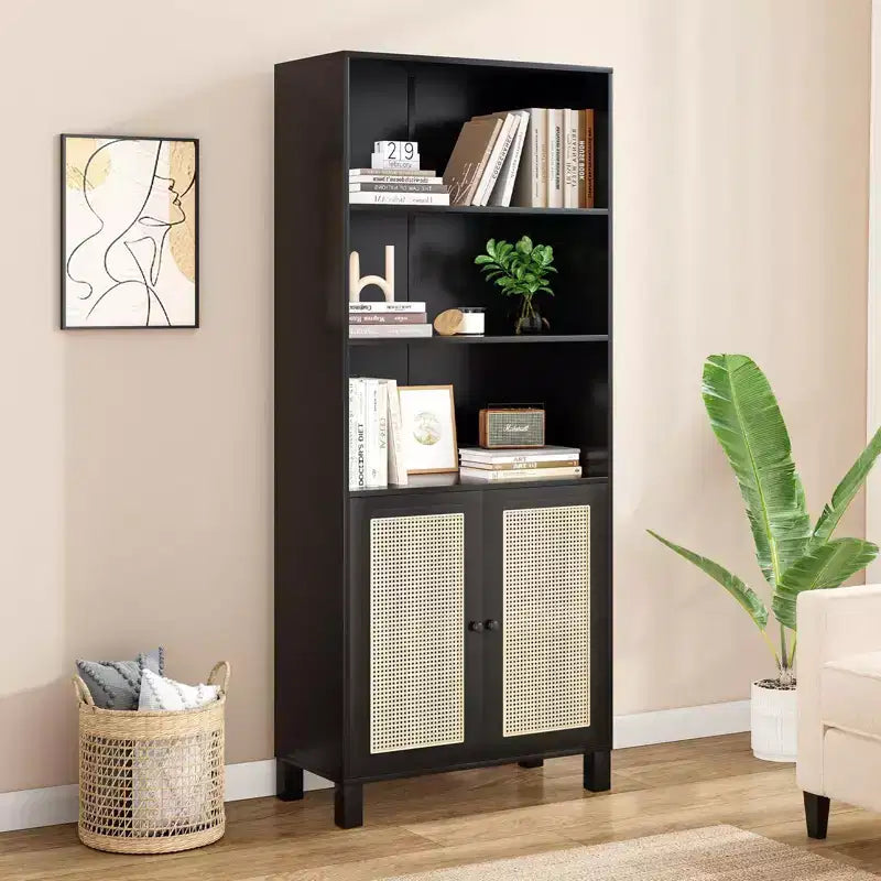 TUYOHW Grande bibliothèque avec portes en rotin, meuble de rangement autoportant à 5 étagères, étagère pour salon, chambre, bureau à domicile