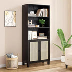 TUYOHW Grande bibliothèque avec portes en rotin, meuble de rangement autoportant à 5 étagères, étagère pour salon, chambre, bureau à domicile