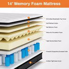 Matelas en promotion : Matelas hybride Queen 14 po dans une boîte, mousse à mémoire de forme au gel + ressorts ensachés, rafraîchissant, fermeté moyenne, soulagement de la pression, isolation des mouvements, CertiPUR-US