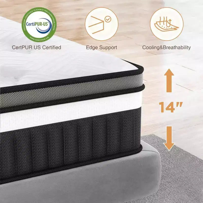 Matelas en promotion : Matelas hybride Queen 14 po dans une boîte, mousse à mémoire de forme au gel + ressorts ensachés, rafraîchissant, fermeté moyenne, soulagement de la pression, isolation des mouvements, CertiPUR-US