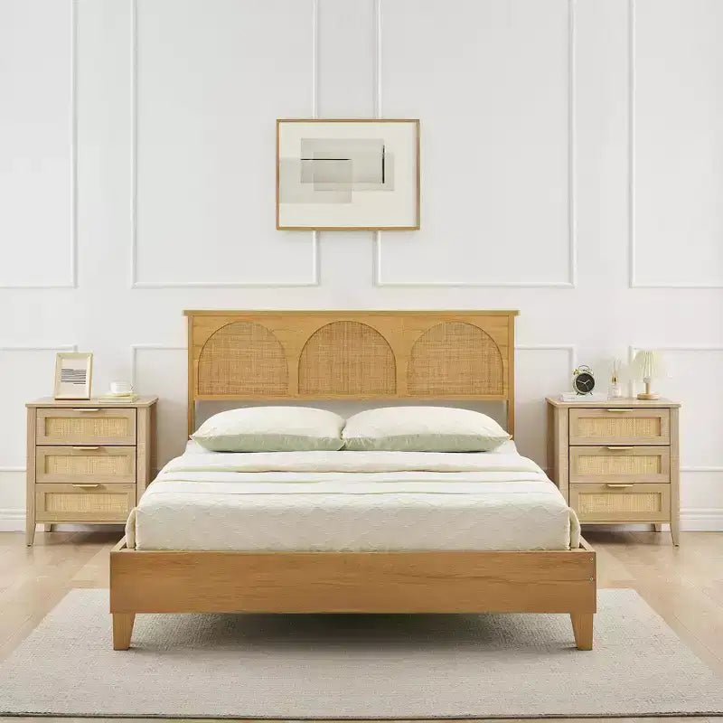Table de chevet en rotin naturel, lot de 2, style bohème, 3 tiroirs, pour petits espaces/chambre à coucher