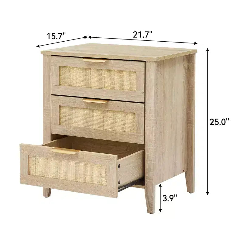 Table de chevet en rotin naturel, lot de 2, style bohème, 3 tiroirs, pour petits espaces/chambre à coucher